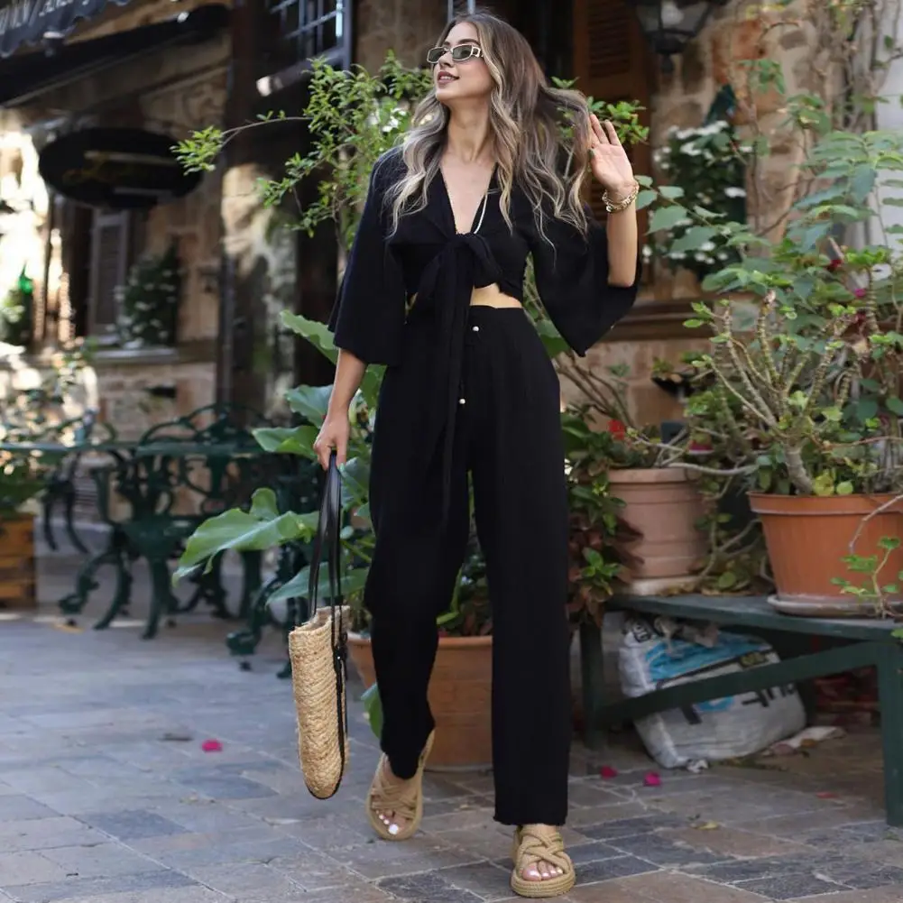 Women Casual Two-piece Set  Lace-up Deep V Neck Horn Sleeve Crop Tops Wide Leg Pants Set Beach Vacation Lady Blouse Trousers Set
