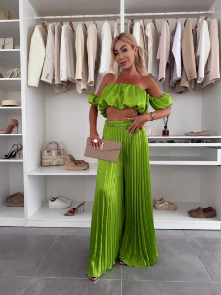 2025 summer fashion new women's elegant strapless suit casual solid color temperament foldable elastic pants 3
