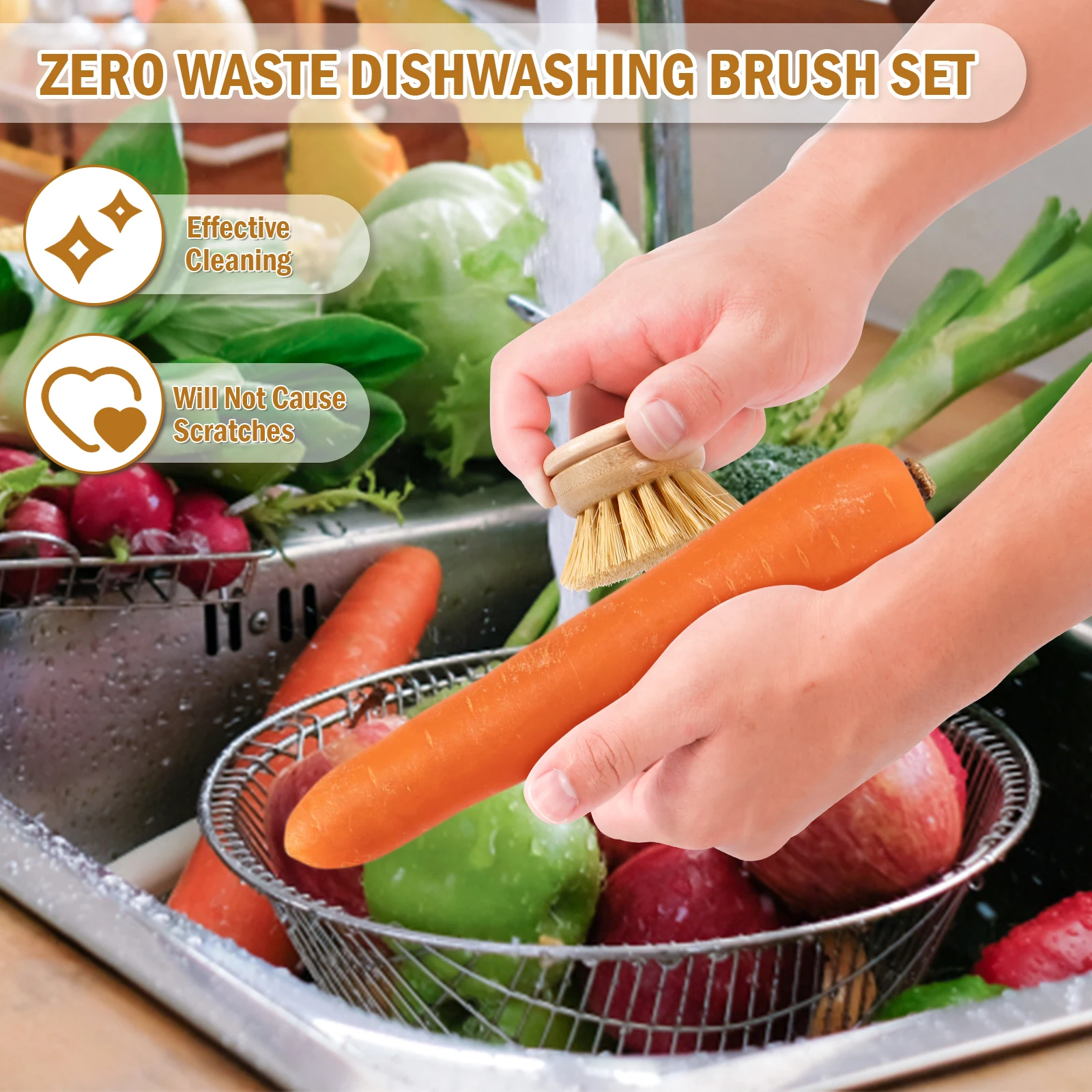6Pcs Natural Bamboo Dish Brush Head Soft Sisal Bristle Dish Eco-Friendly Washing Up Brush Replacement Heads for Washing Pan/Pot 2
