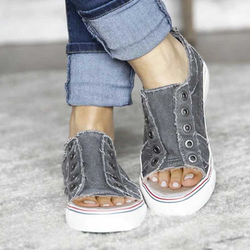 Women Vulcanized Shoes Korean Style Flat Heels Canvas Shoes Fashion Peep Toe Women's Sandal