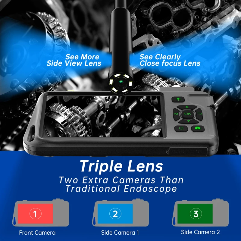 4.5''IPS Endoscope Camera HD1080P Single Dual Triple Lens 5.0MP Autofocus Replaceable 1-15 meter Inspcection Car Sewer Borescope 4