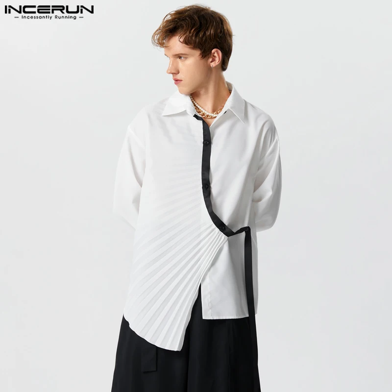 

2023 Men Irregular Shirt Patchwork Pleated Lapel Long Sleeve Men Clothing Loose Streetwear Fashion Casual Camisas S-5XL INCERUN