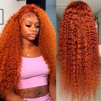 Orange colored Water wave 13x6 hd lace frontal human hair wig Preplucked deep wave 30 inch ginger lace front curly wigs on sale 1