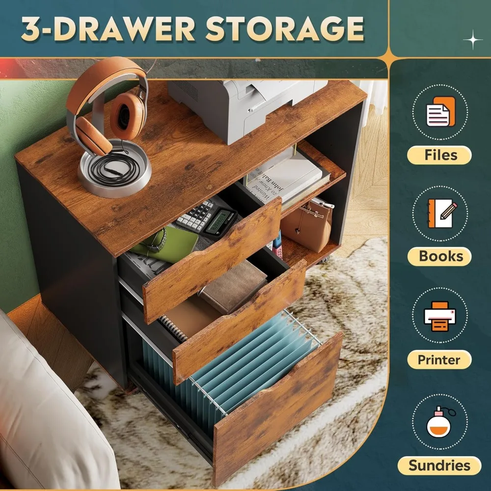 3-drawer wood file cabinet, mobile lateral filing cabinet, printer stand with open storage shelves for home office, rustic brow