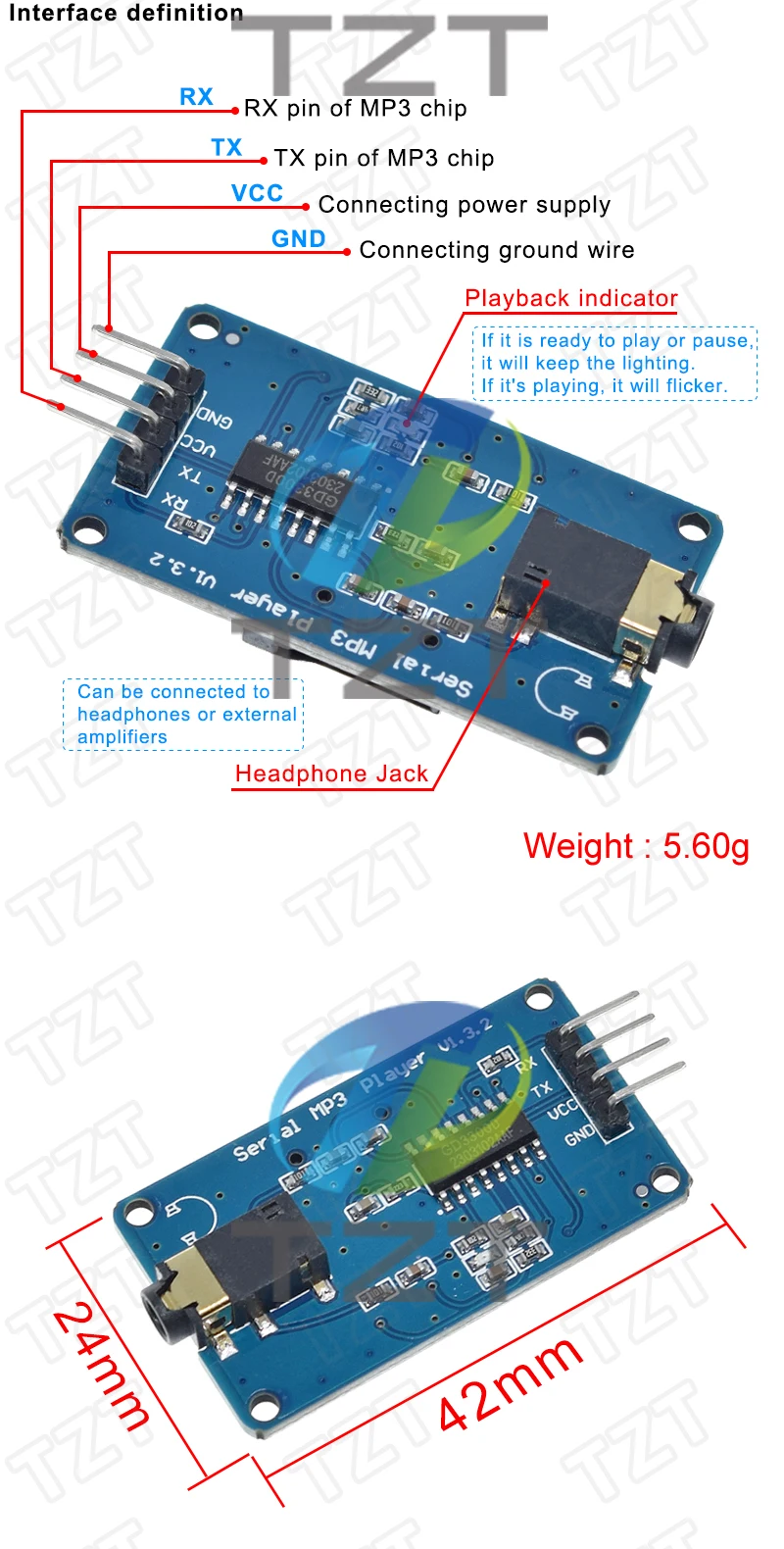Yx5300 uart ttl serielle steuerung mp3 musik player modul unterstützung mp3/wav micro sd/sdhc karte für arduino/avr/arm/pic 3,2-5,2 v dc – Detail 2