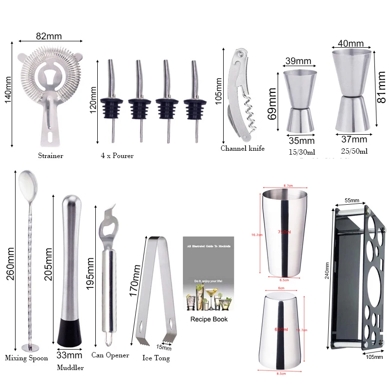 Cocktail Shaker 13Pcs 750/600/800ml Boston Cocktail Shaker Stainless Steel Mixer Bartender Tools Bar Set Cocktail Recipe With Wine Stand