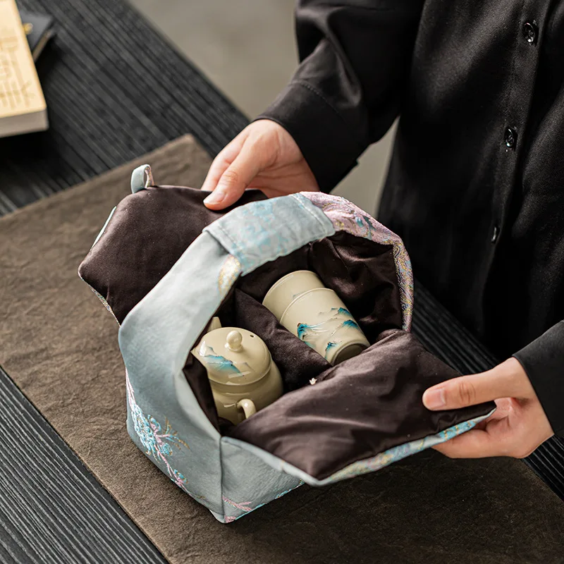 New Chinese Style Tea Set Storage Bag Design for Teapot & Two Cups, Durable Fabric Travel Organizer for Outdoor Tea Lovers