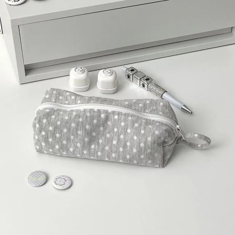 학생용 휴대용 패브릭 연필 가방 한국 스타일 도트 연필 케이스 대용량 패션 문구 정리함 메이크업 가방