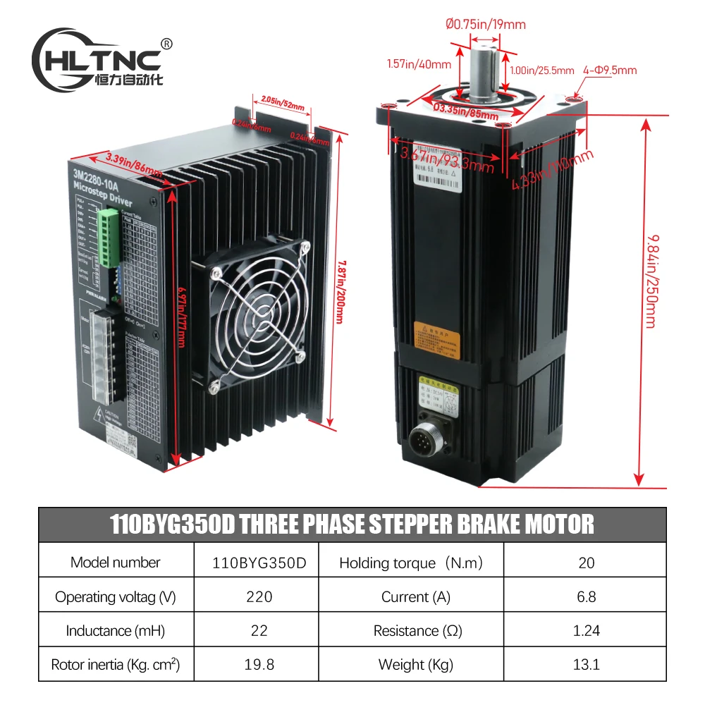3 상 AC 스테퍼 모터 키트, CNC 라우터 테이블 조각 기계, 110mm, 20N.m, 110BYG350D, 3M2280-10A 드라이버, 220V 하이브리드 6.8A