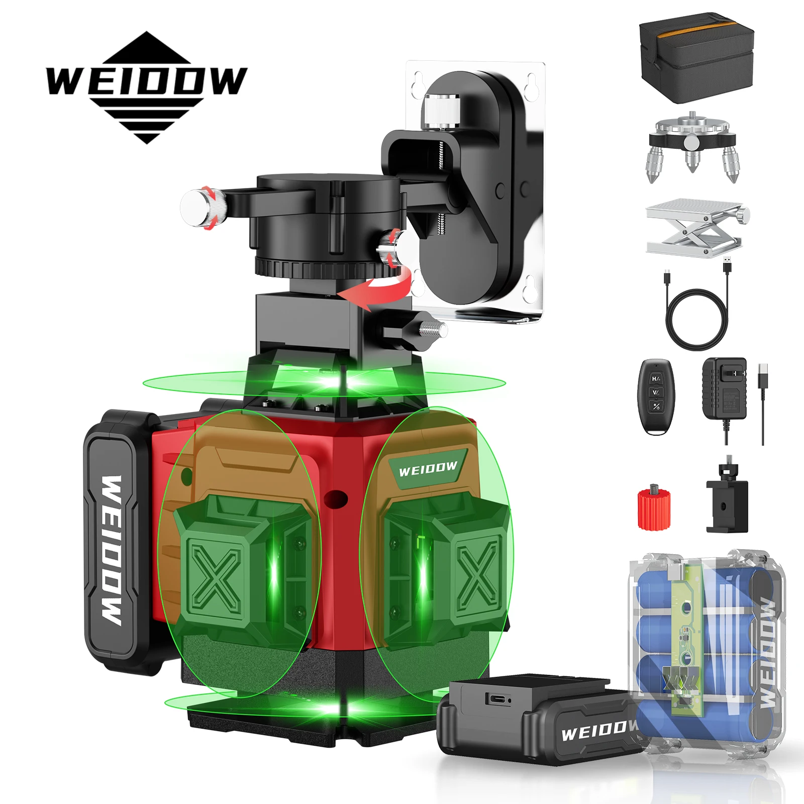 LFINE 16 Lines Laser Level Horizontal And Vertical 360°Self-Leveling Laser Levels With Remote Control Green Beam Lines Tools