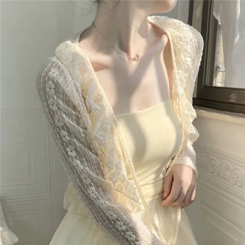 Short Ice Silk Sun Protection Cardigan Thin Coat Small Shawl Women's Lace Blouse Cover Slim Top Spring and Summer Clothing Retro