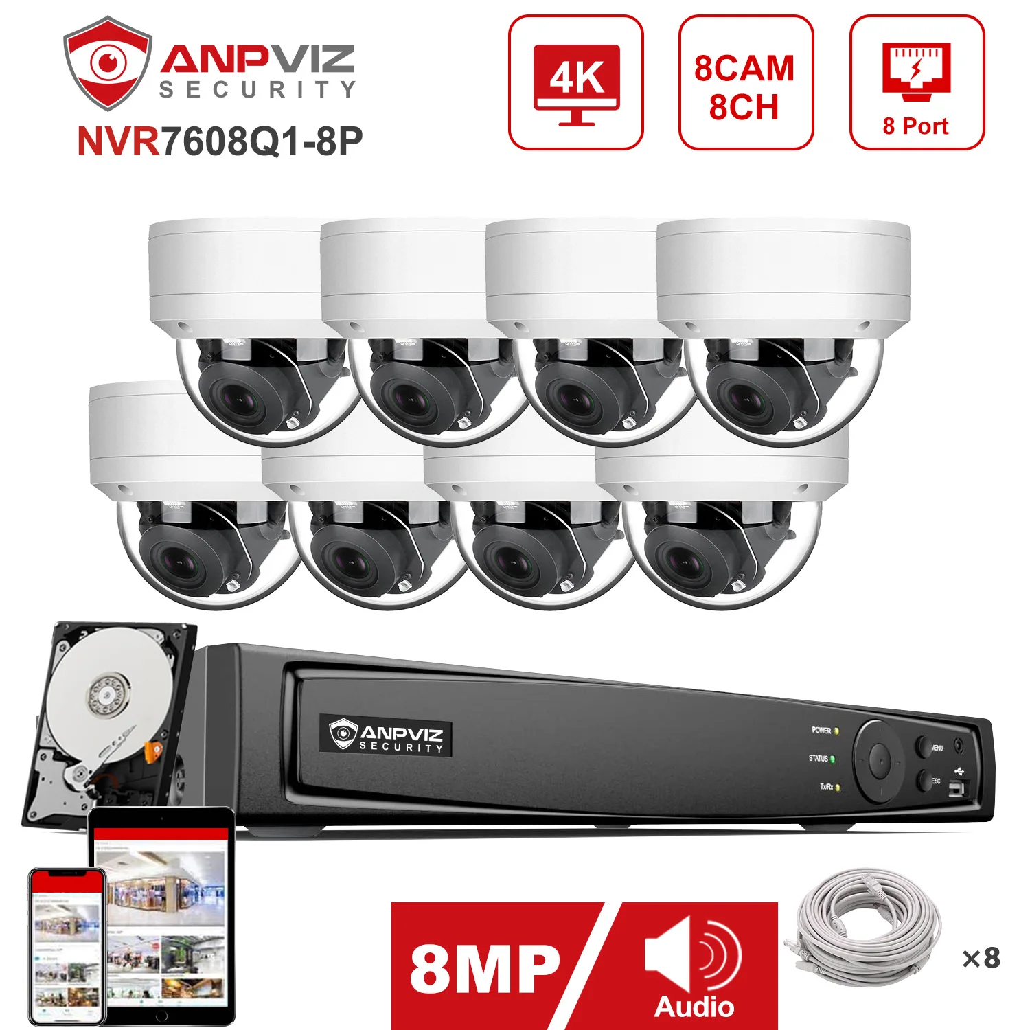 Anpviz  8CH 4K NVR 8MP IP PTZ 5X Zoom Camera POE IP Outdoor Security System Kit Audio CCTV Video Camera IR 30m P2P View H.265