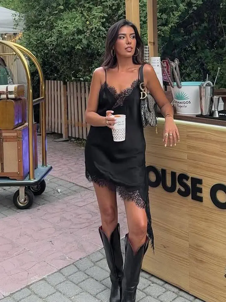 HH Women Fashion Yellow Lace Dress Asymmetry Hem Backless V Neck Sleeveless Dresses Sexy Lady Evening Party Club Mini Dress