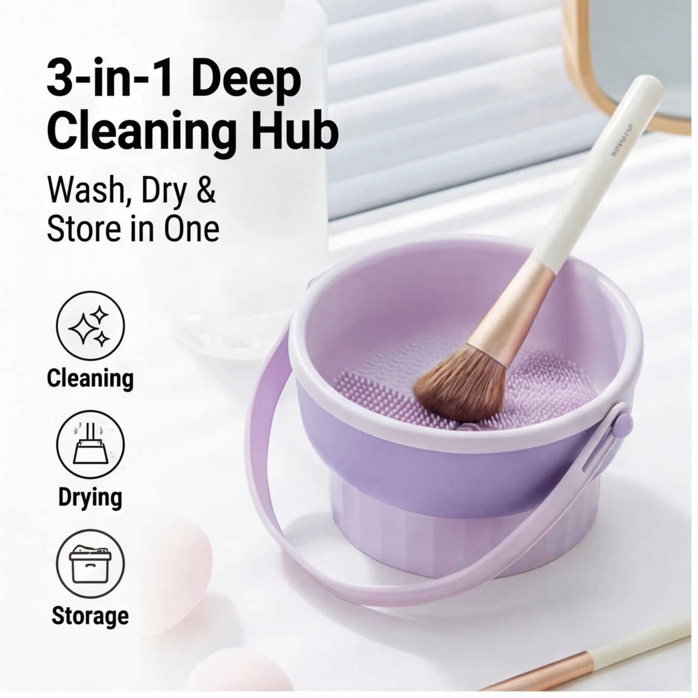 실리콘 메이크업 브러쉬 세척볼, 건조대가 있는 뷰티 에그 도구 – 파우더 퍼프 및 브러쉬용 보관 세트