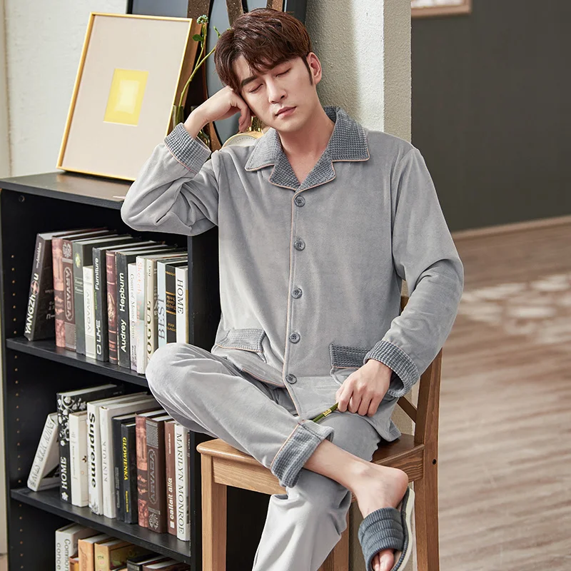 남성용 잠옷 따뜻한 플란넬 가을 겨울 남성용 파자마 옴므 피자마 잠옷 긴팔 두꺼운 아일랜드 플리스 라운지 수면 세트 3XL