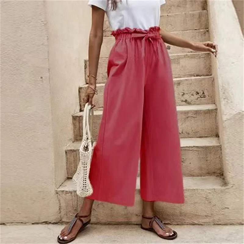 Women Elastic Waist Lace-up Wide Leg Nine-minute Pants Solid Color Comfortable Cotton Linen Trousers Female Daily Commuter Trous