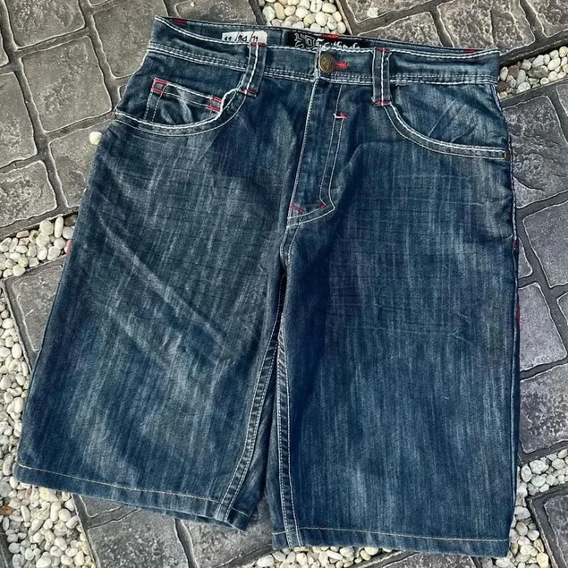 Pantalones cortos de mezclilla de gran tamaño para hombre, pantalones cortos de mezclilla con bordado de patrón cruzado geométrico Harajuku, pantalones de cintura alta de hip hop populares, y2k, nuevos de los años 2000