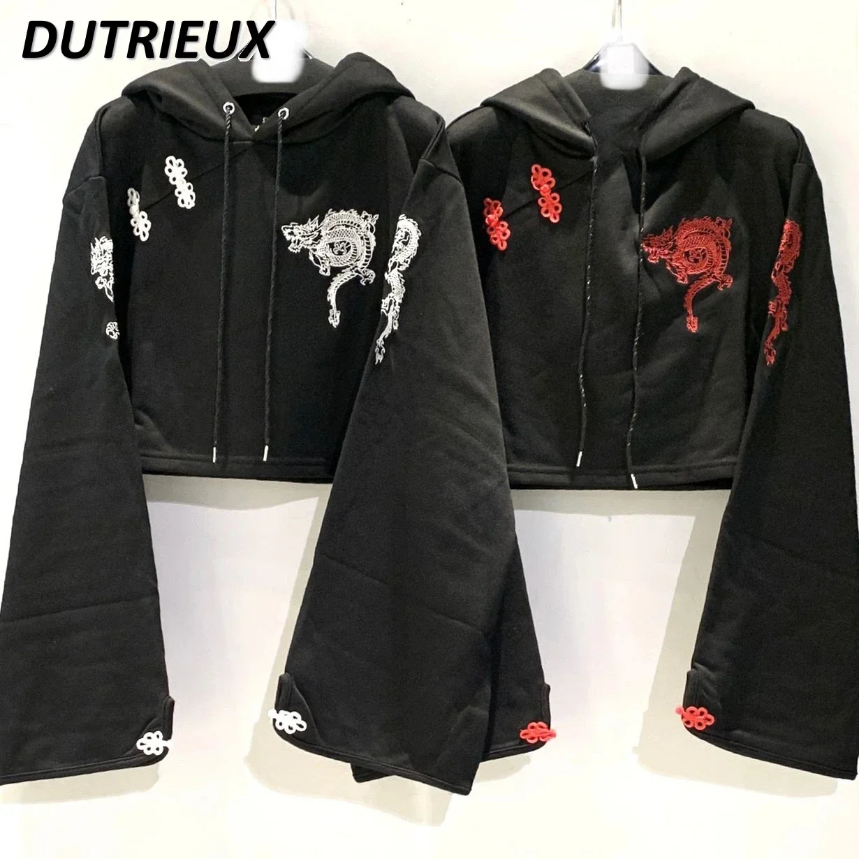 

Harajuku Sub-Culture Punk Chinese Style Embedded Wide Sleeve Short Sweatshirt Y2g Girls Black Hooded Personality Pullover