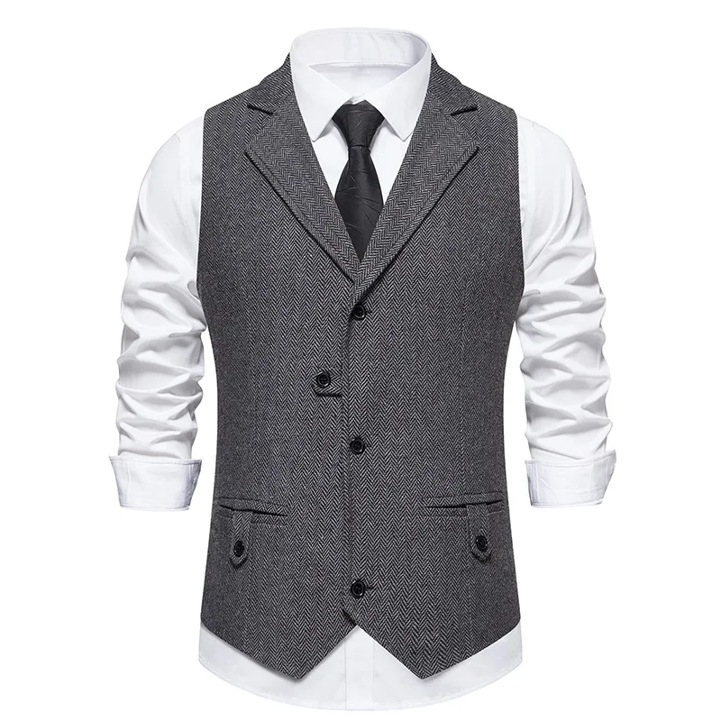 Dress Vests New Suit Vest for Men Herringbone Tweed Suit Vest Business Formal Dress Vests Slim Fit Tailored Collar Waistcoat