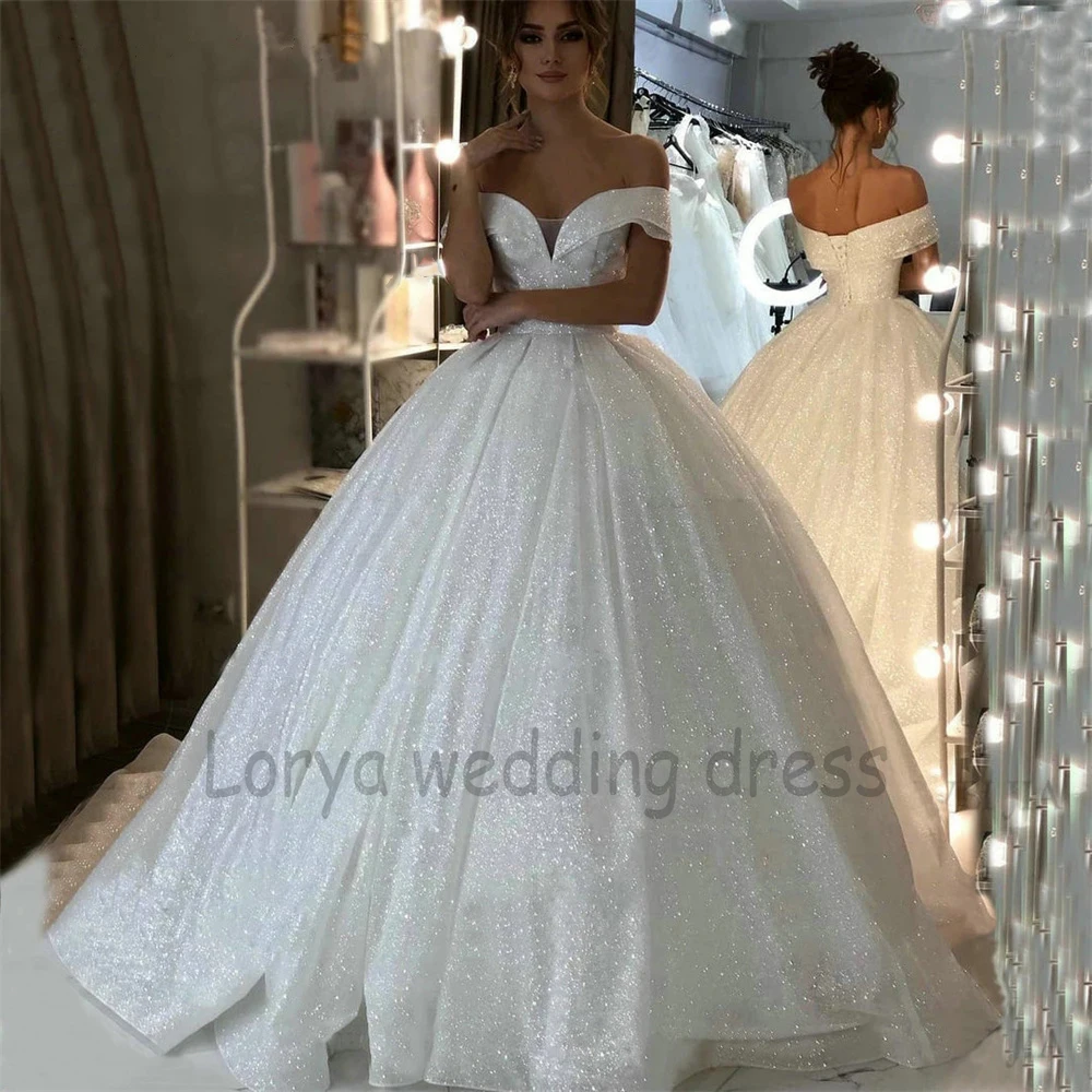 

Shiny Princess Wedding Dress Sequins Off Shoulder Boat Neck Lace Up Vestido De Novia Boho A Line Sweep Train Elegant Bride Gown