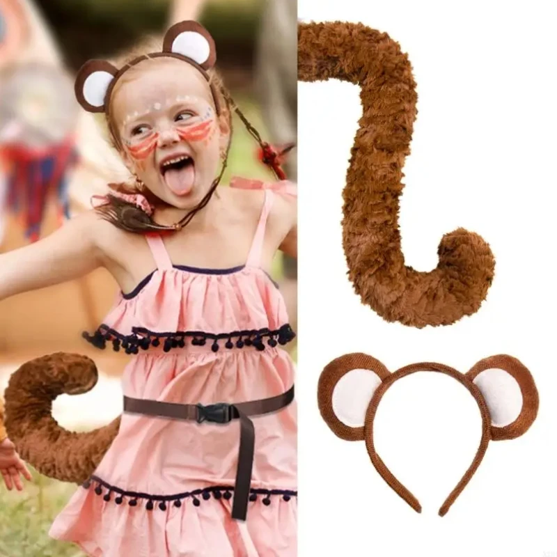 Monkey Ear Headwear Tail Set Cute Animal Decorative Prop Accessories Boy Girl Party Holiday Dress Up Carnival Stage Show Suits