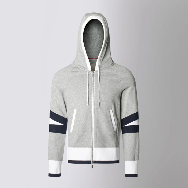 

TB THOM Men's Sweatshirts Spring Autumn Pure Cotton Hooded Patchwork Zipper Hoodie Classic Fashion Casual Comfy Striped Coat