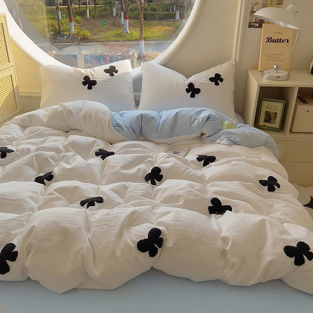 Ensemble de housse de couette 3 pièces (1 * housse de couette + 2 * taie d'oreiller, sans noyau), ensemble de literie brodé en fil de nœud papillon, doux et confortable 4
