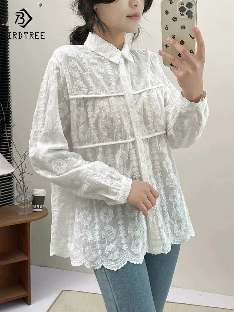 

Женская хлопковая рубашка с вышивкой, однобортная Свободная блузка с длинным рукавом для девушек, T44196QM, весна-лето 2024