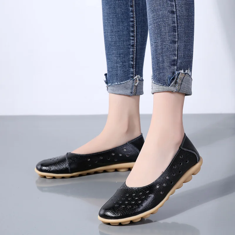 New 2024 Hollow Big Size Casual Breathable Genuine Leather Flats Shoes For Women Chaussure Femme Ladies Trainers Zapatos Mujer