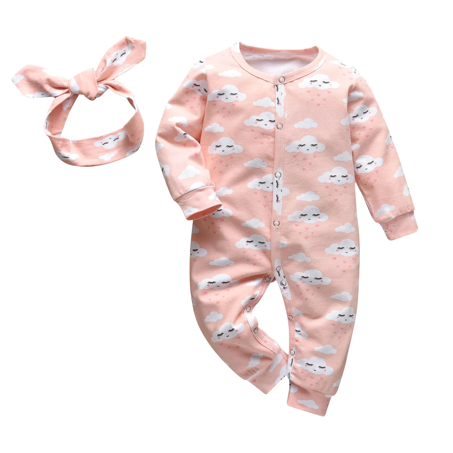 Four Season Baby Girl Snap Romper Clothes For New Born With Headband Cotton Infants Girl Long