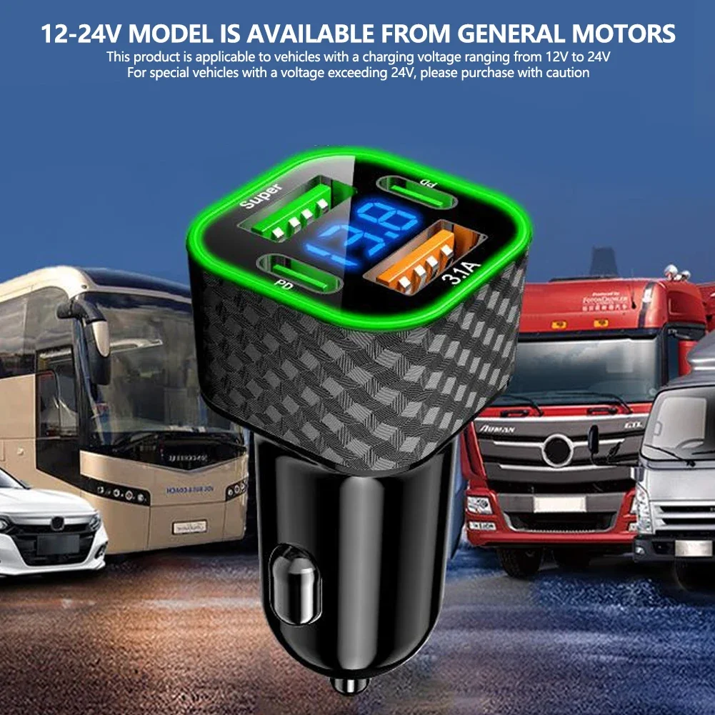 Caricatore per telefono da auto 4 in 1 per iPhone Xiaomi Oppo Vivo Samsung USB C Dual PD con display di tensione Adattatore di ricarica super veloce da 380 W - Image 5