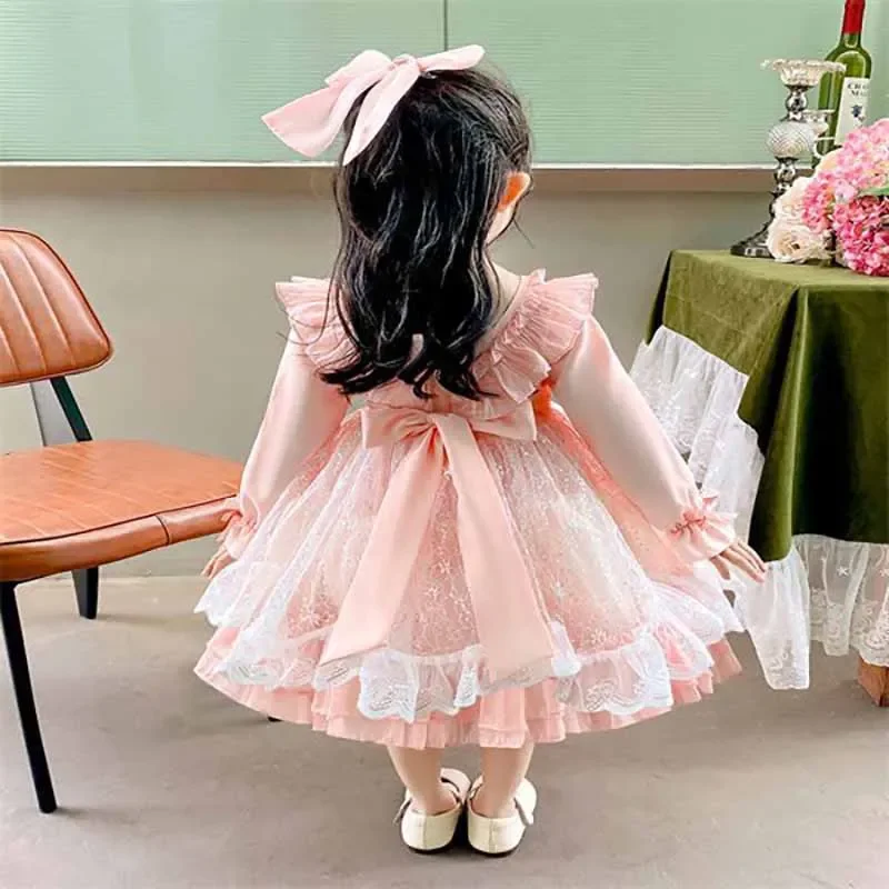 Birthday Party Lolita Dress Girls Kids Summer Lace Pink Long&Short Sleeve Dress Cute Princess Doll Teen For Girls