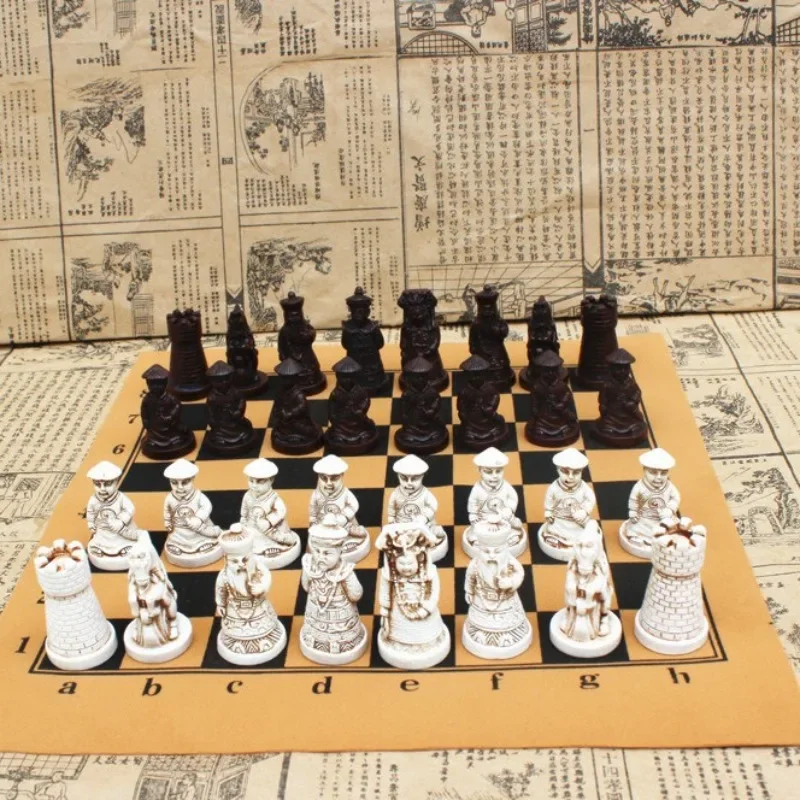 Ancient Chinese Character Chess Set Terracotta Army Resin Chess Fun Board Games for Family Friends Gatherings Creative Fun Gifts