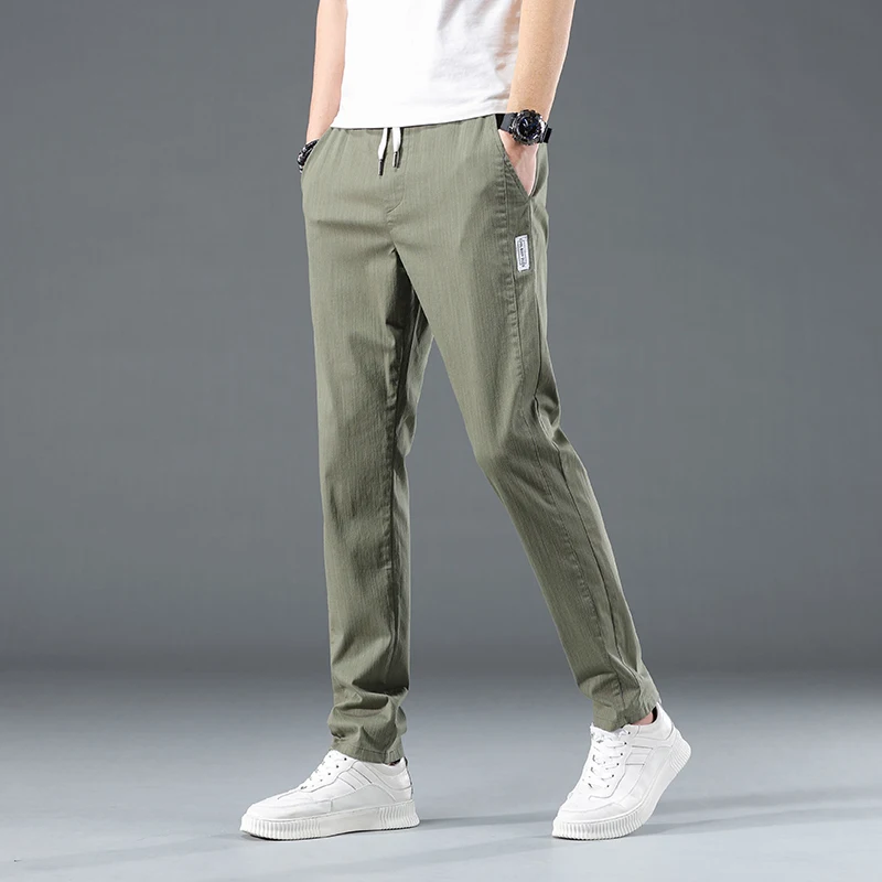 2024 Summer Thin Cotton Men's Casual Slim Pants Soft Comfortable Elastic Wrinkle Resistant Drawstring Classic Casual Pants Male 5