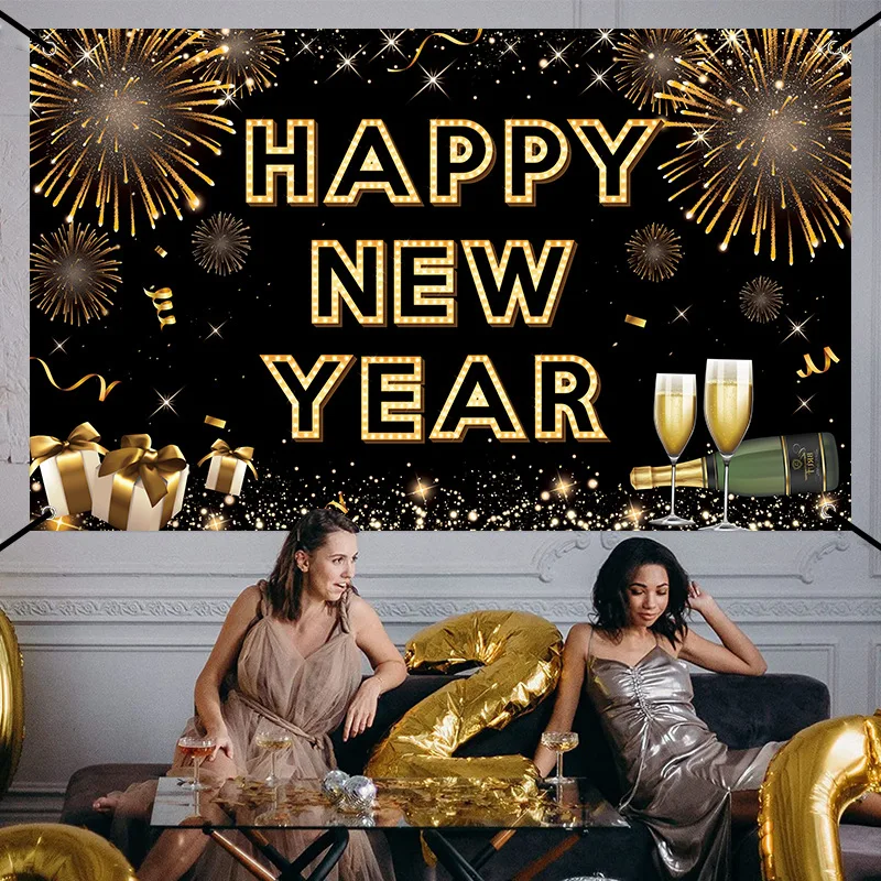 

Черное золото, новогодний декор, тканевый баннер, с новым годом Φ 2023, Фотофон для дома