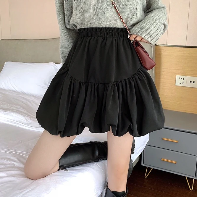 2021 Spring Autumn Design Bubble Bud Cloud Puffy Short Skirt Girl High Waist A-shaped Short Skirt Female Black summer skirts