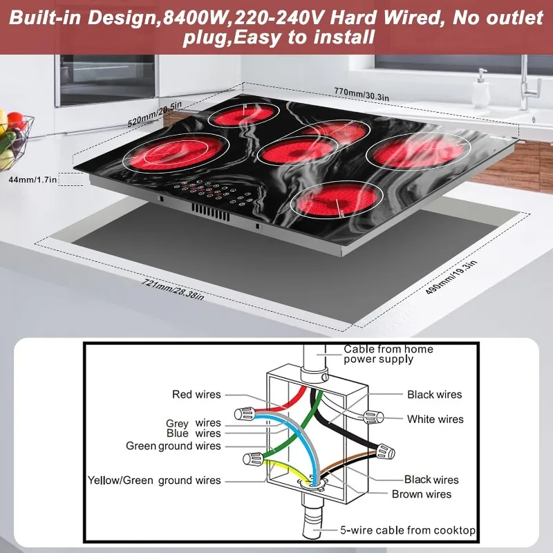 Karinear Electric Cooktop 30 Inch,Built-in Electric Stove Top 5 Burners Ceramic Cooktop Wave Pattern,8400W,220-240V Hard Wire
