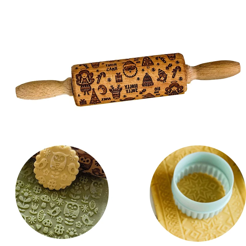 1 pcs Wooden Embossed Rolling Pin with Pattern for Kitchen Pastry, Baking Tools, Deep Engraving Cookies Stamp Tool