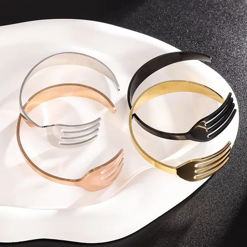 Stainless Steel Bracelet Simple Curved Cutlery Fork Cuff Fun Tricolor Open Men Ladies Hip Hop Cool Jewelry