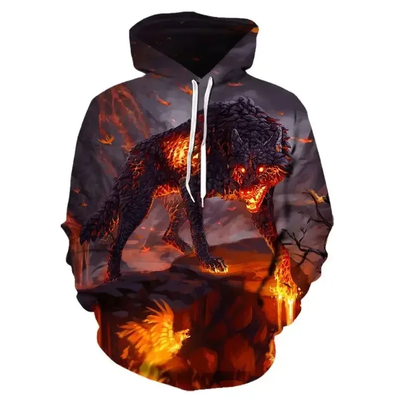 2024 Fashion Wolf Pattern Sweatshirts For Men Funny Animal Print Hoodie Hip Hop Trend Harajuku Autumn Pullover Y2k Clothes