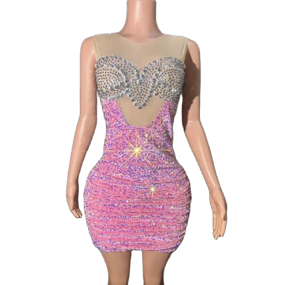 

Sparkly Rhinestones Short Dress Women Sexy Mesh Backless Pink Evening Celebrate Birthday Dress Club Dance Photoshoot Costume