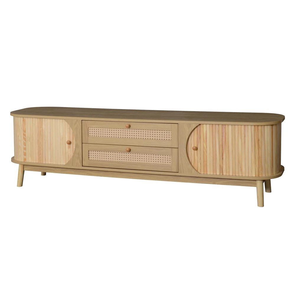 TV-Schrank, TV-Schrank aus Naturholzmischung mit Türen und Schubladen, TV-Ständer mit Rattan-Seiten. Lagerlösung Natur – Detail 14