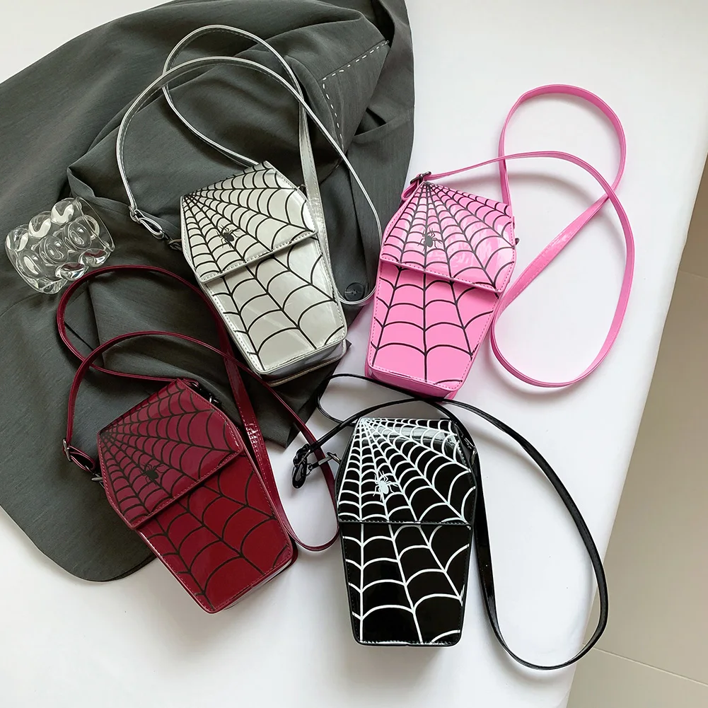 Halloween Bags for Women Gothic Coffin Shape Crossbody Bags Spider Web Pattern Handbag Purses Phone Bag PU Leather Shoulder Bag