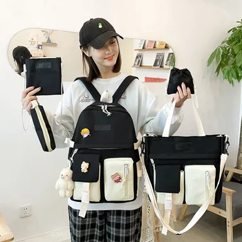 Student Durable School Bag Girls Solid Color 5 Piece Set Lightweight Large Capacity Casual Childrens Backpack Versatile Backpack 1
