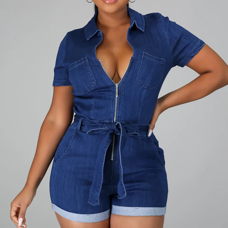 

Fashion Denim Women Rompers V-Neck Zipper Tie Up Higt Waist Slim Clothes Elegant Office Holiday Short Sleeve Cause Rompers Lady