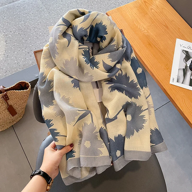 Soft cotton and linen floral scarves for women in spring and autumn, new blue scarves for mothers, trendy shawl necklaces