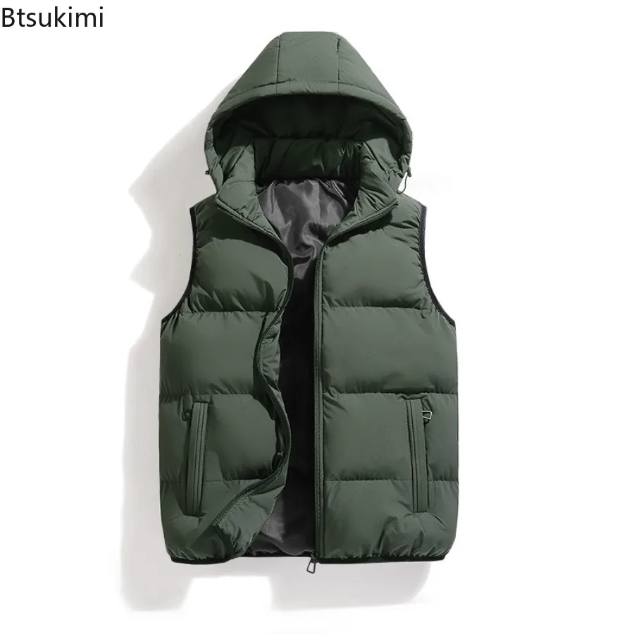 Men's Thicken Plus Cotton Sleeveless Vests Jacket Fashion Warm Detachable Hat Outdoor Windbreak Waistcoat Hooded Vest Coats Male