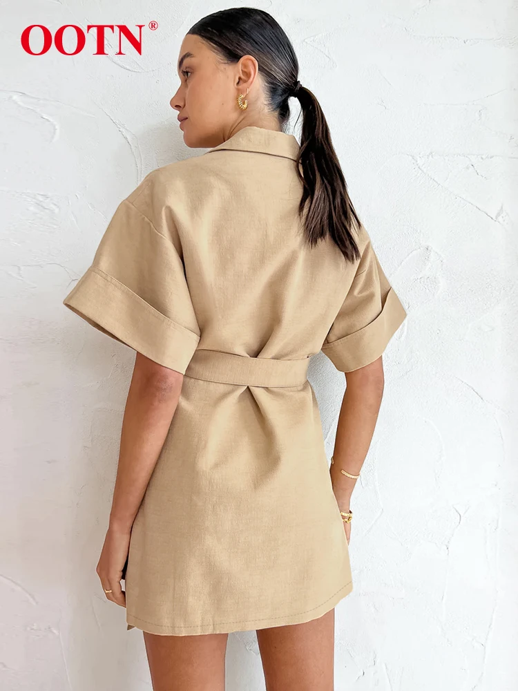 OOTN Office Lady Double Breasted Shirt Dress Summer Khaki Short Batwing  Sleeve Dresses Sexy Notched Neck Bandage Mini Dress 2024