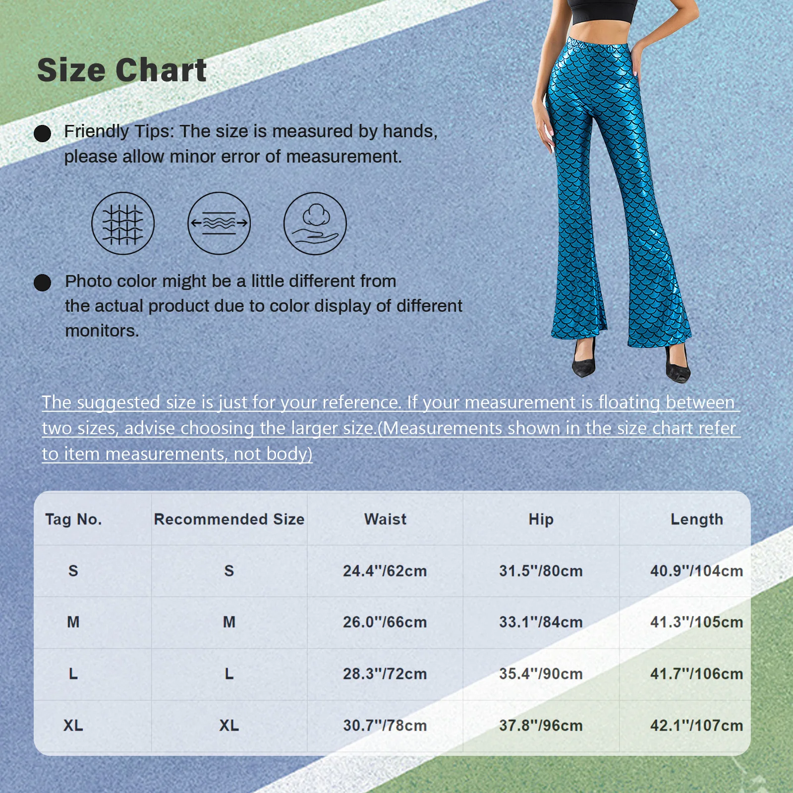 Womens Fashion Fish Scale Printed Flared Pants Casual Daily Wear Metallic High Waist Bell-Bottomed Trousers Role Play Costumes