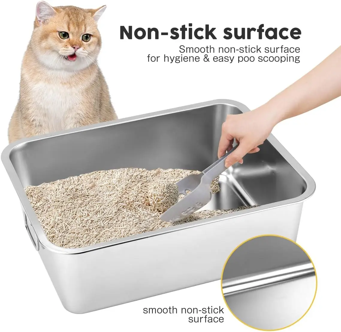 

Ящик для мусора из нержавеющей стали, высокая сторона с ручкой, подходит для контроля запаха и очистки кроликов, котят и домашних кошек.